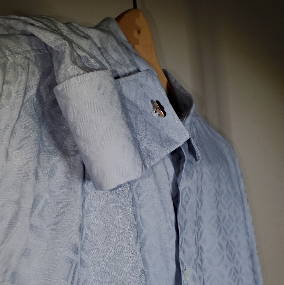 Perry Ellis button down dress shirt with French cuffs sz L light blue cotton